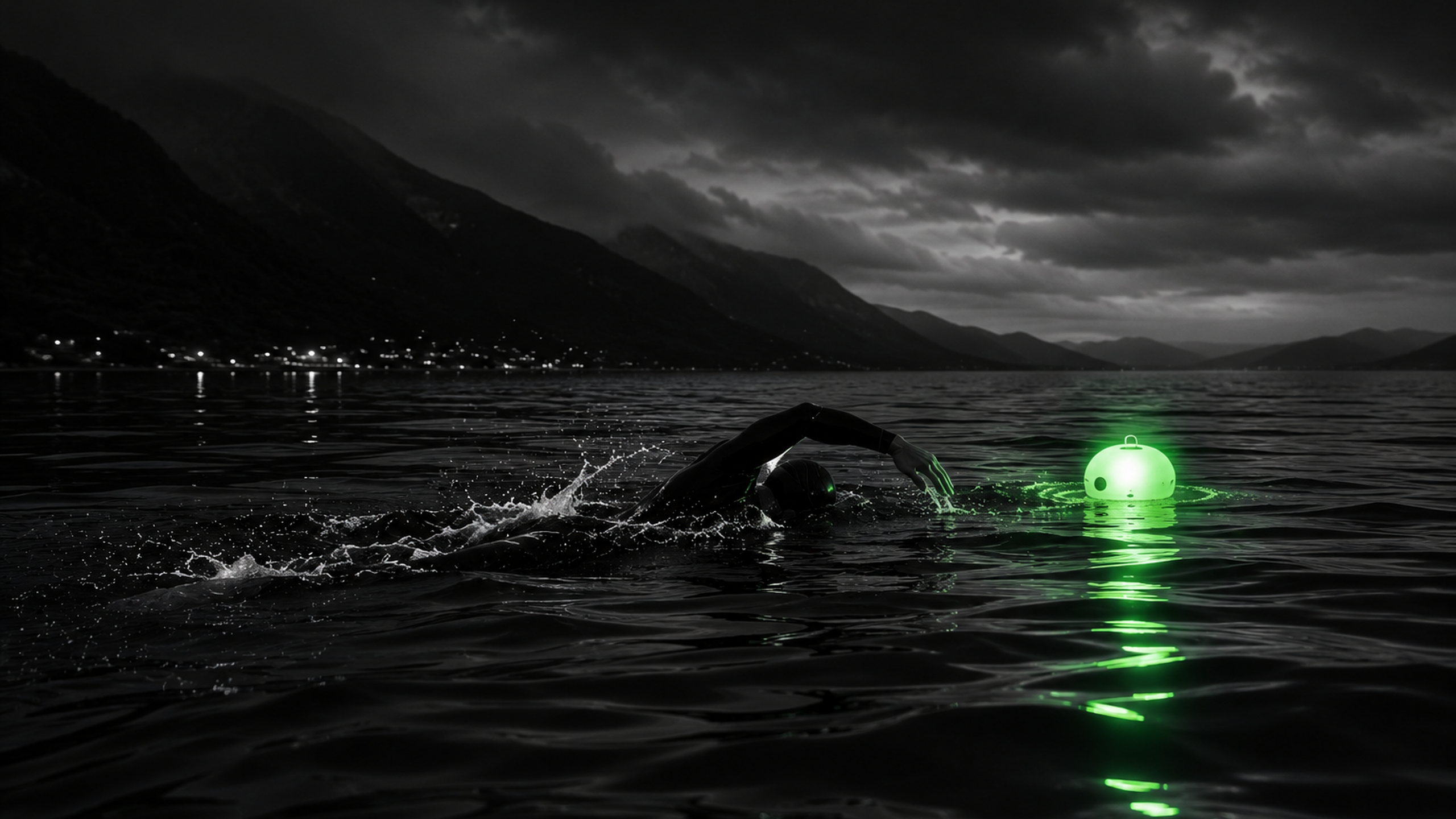 Lone swimmer in dark open water navigating toward a glowing mint beacon